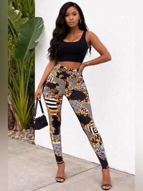 Black & Gold Baroque Print Skinny Leggings